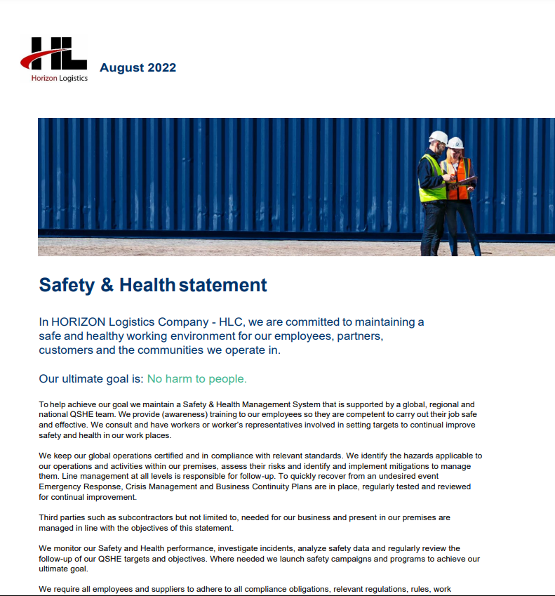 HCL - QSHE Safety & Health Statement